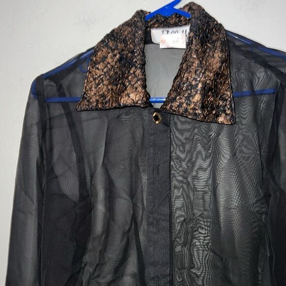 Ribkoff Trends VTG Sheer Black Blouse Button Front Ruched Trim Collared Cuffed - Picture 3 of 8
